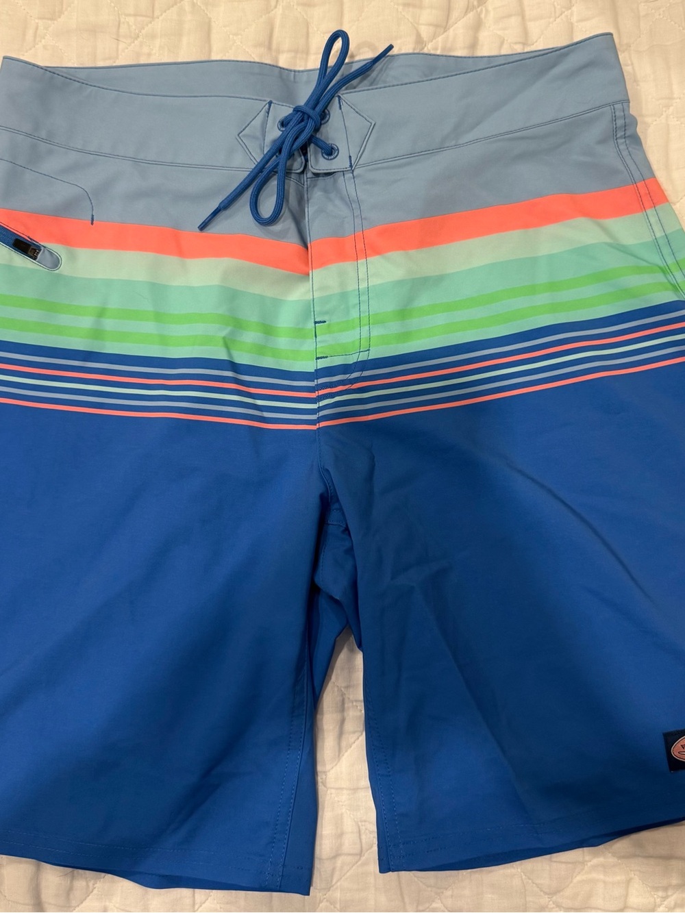 Vineyard Vines Blue Stripe Board Shorts with Coral and Mint Accents